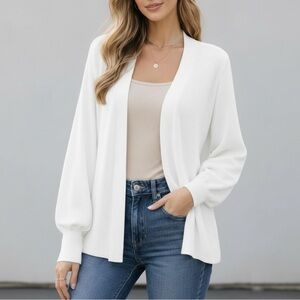 LOFT Cardigan Knit Sweater Open Front Ivory White Oversized Statement Sleeves XS